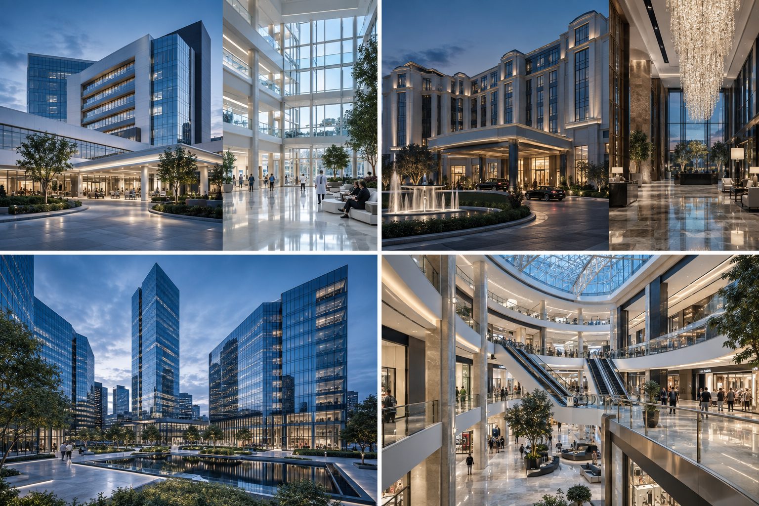 Hastane, otel, ofis plazası ve alışveriş merkezi mimarisini gösteren dört temsili konsept görsel